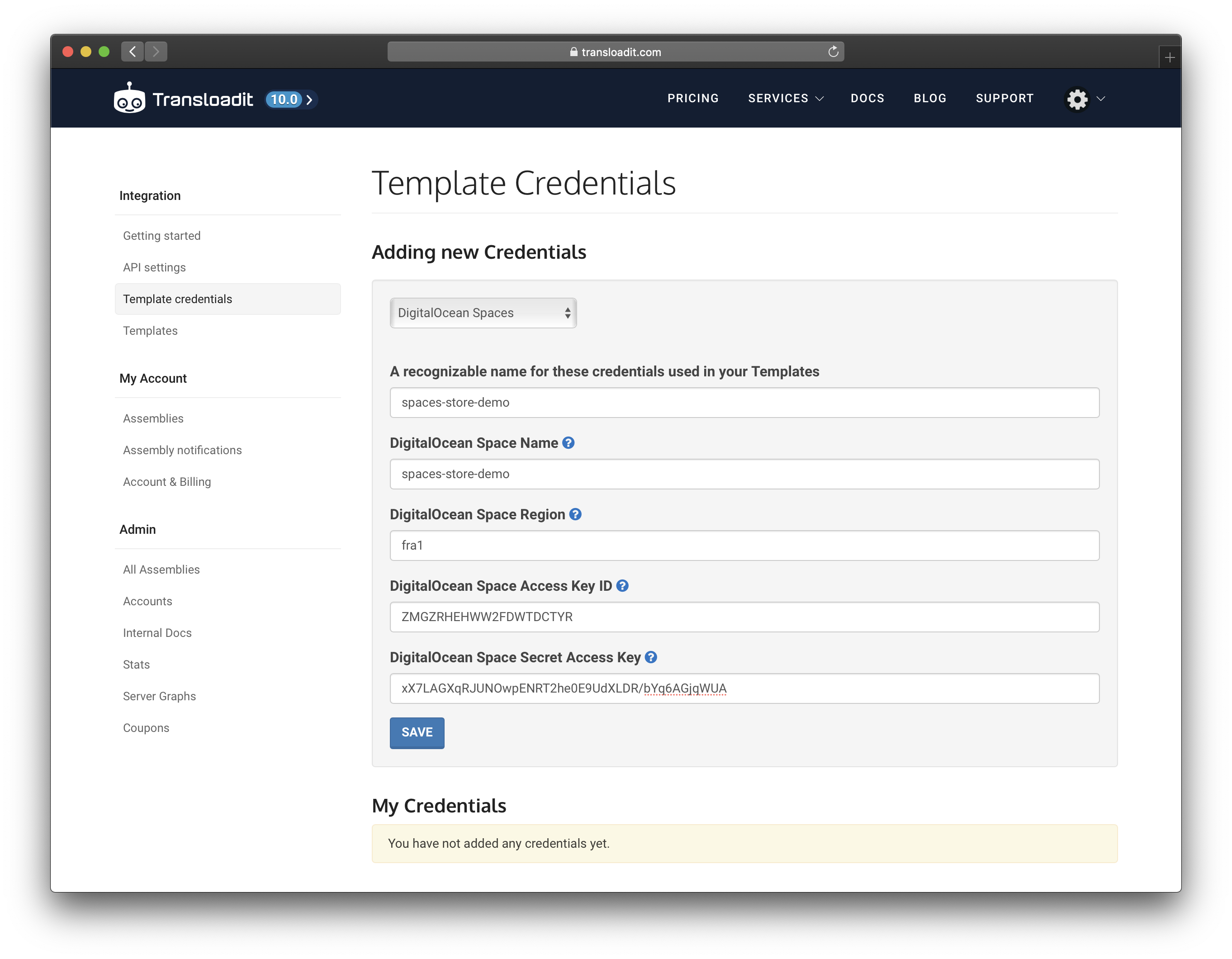 Create Template Credentials